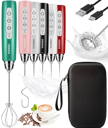 Image of YUSWKO Rechargeable Milk Frother for Coffee, Handheld Drink Mixer with 3 Heads 3 Speeds, Ideal Coffee Frother Wand for Travel - Green