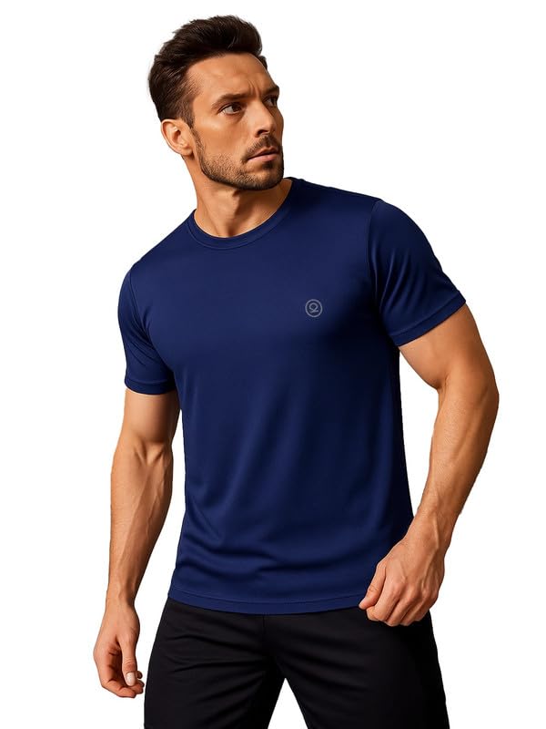 Men Polyester Solid Quick Dry Half Sleeve Regular Fit Round Crew Neck Active Sportswear Gym T-Shirt for Workout Training Running and Fitness Activities