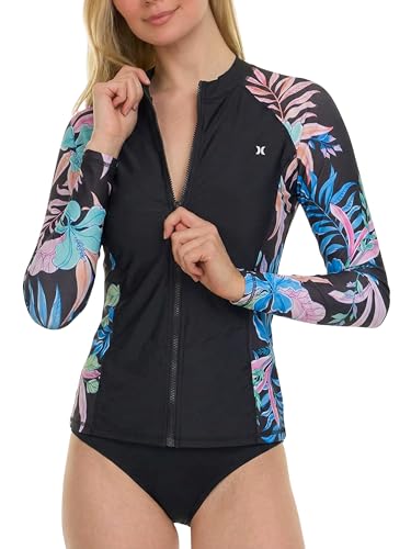 Image of Hurley Rash Guard for Women Full Zip, Zip Up Long Sleeve Swim Shirts for Women, Surfing Top UPF 50+ SPF Sun & UV Protection