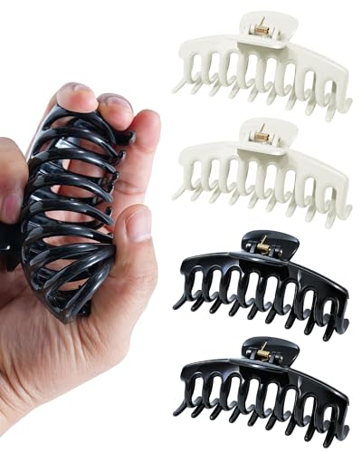Mesovor 4 Pack Silicone Flexible Hair Claw Clips, Nonslip 4.33" Large Bendable Claw Clip | Soft Cozy Neutral Hairclips for Thin and Thick (Black, White)