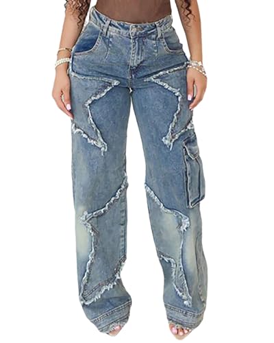 Women's Cargo Jeans Mid Rise Loose Fit Star Patchwork Raw Edge Straight Leg Denim Pants