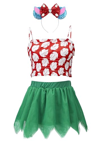 Hawaiian Palm Leaf Tutu lilo Dress for Girls Full Set Tropical Summer lilo Costume Dance Performance Outfit (Red, 10)
