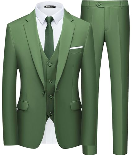 WULFUL Men’s Slim Fit Suit One Button 3-Piece Blazer Dress Business Wedding Party Jacket Vest & Pant Sage Green