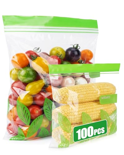 Acual 100 Bolsas Congelación Reutilizables - Bolsas Grandes con Cierre Zip Hermético, Bolsas de Almacenamiento Alimentos Sin BPA para Batch Cooking, Frutas, Sandwich, Nevera y Congelador - 1.1L & 4.5L