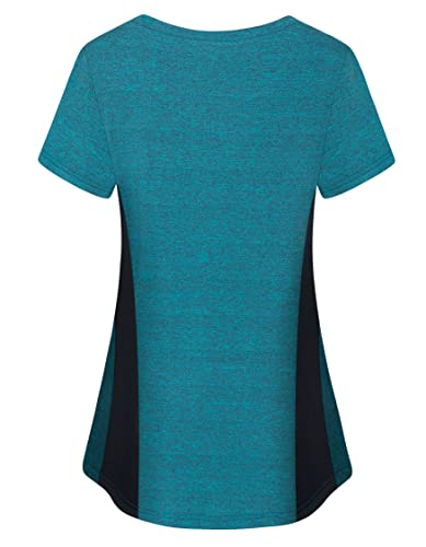 Active Shirts Women Crewneck, Teen Girls Activewear Short Sleeve Scoop Neck Hiking Workout Fancy Tees Colorblock Aline Tunic Sweat Wicking Athletic Golf Tennis Tshirt Tops Teal Xl #TOP1
