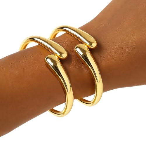 Image of MTINEAPS Gold Bangle Bracelets for Women Teens Trendy Chunky Adjustable Twist Cuff Bracelet Jewelry Gifts (Gold-2 PC)