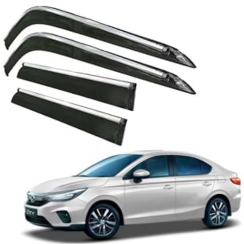Image of CAR SAAZ Side Door Visors for City (2020-2023)(Set of 4Pcs)|Smoke Finish Chrome Lined Rain Guards, Polycarbonate