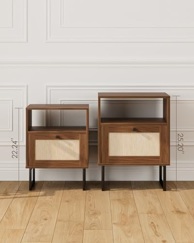 Image of Masupu Extra Large Rattan Nightstand,Modern Boho Farmhouse Wood Bedside Table with Storage Drawer and Open Shelf, Black Frame Side End Table for Bedroom,Living Room,Office (Walnut)
