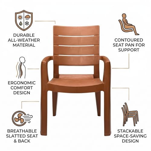 Image of Cello Jordan Polypropylene Plastic Arm Chair | Modern Multipurpose Seating for Home, Office, Garden & Balcony | Ergonomic Indoor & Outdoor Furniture (Color: Sandalwood, Set of 4 piece)