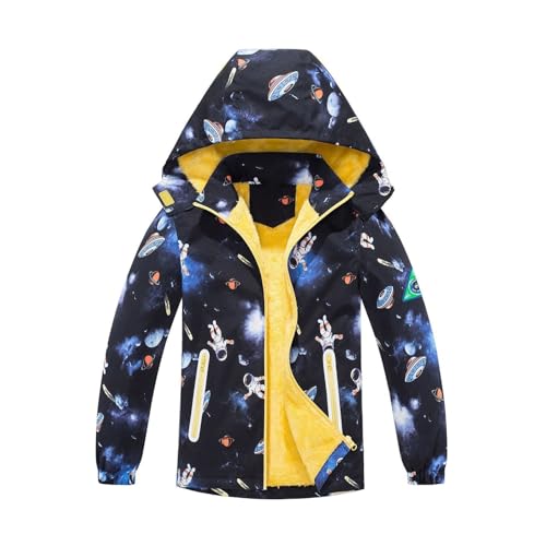 Unisex Kids Thick Fleece Rain Jacket Print Zip Detachable Hooded Raincoat Warm Windproof Coat with Pocket2
