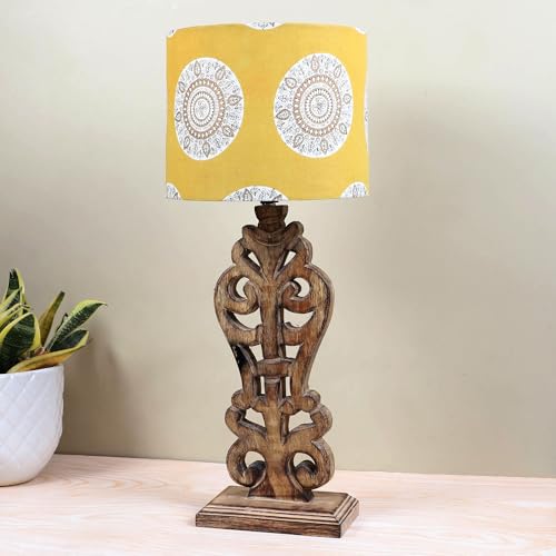 Image of tu casa Mangowood Rustic Brown French Table Lamp for Home Decoration, Bedroom, Living Room, Lounge, Office, Festival Gifting, Study Table (Mandala Print with Satin Shade) H - 21 inch / No Blub