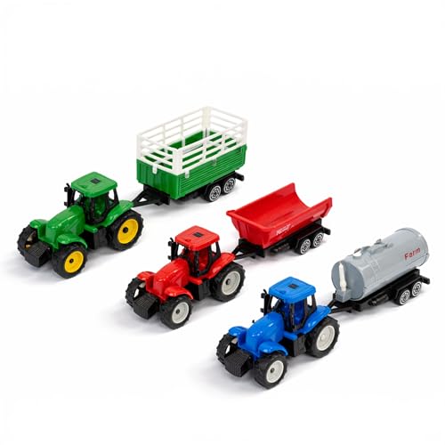 3pc Farm Tractors & Trailers Toy Set | Mini ABS Plastic Tractor Vehicles for Kids with Detachable Trailers & Tanker, Colourful Farm Playset Vehicles for Boys & Girls Aged 3-8, Push and Go Movement