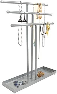 BELLE VOUS Silver Metal 3 Tier Jewellery Display Stand & Storage Base Tray Holder - Tree Tabletop Hanging Organiser - Hanger for Necklaces, Bracelets, Rings, Watches & Earrings