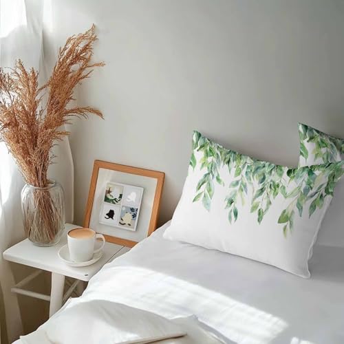 Outdoor Waterproof Throw Pillow Cover, Summer Country Green Foliage Decorative Pillows Cushion Covers, Simple Watercolor Greenery 2 Pack Pillow Cases for Patio Garden Balcony Couch Sofa 20x12in