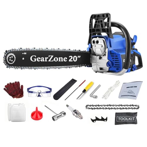 GearZone 20Inch-58CC-2.68KW Handheld High Powered Gasoline/Petrol Chainsaw, Including 2 Saw Chains and Other Accessories For Cutting Trees, Wood, & Logs-Blue Color