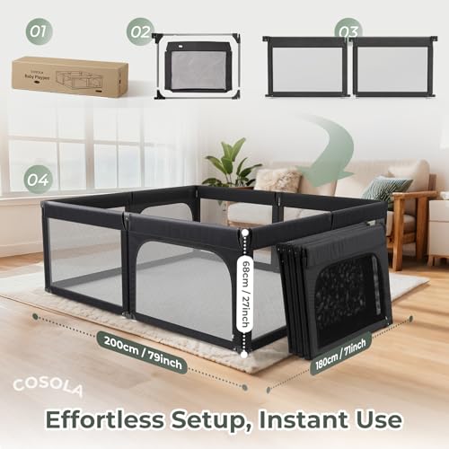 Image of Foldable Baby Playpen, Shape & Size Adjustable Playpen for Toddler, 79x71 Large Play Pens Safety Mesh Foldable Playard for Babies, Portable Baby Fence Play Area Kids Play Pen, Black