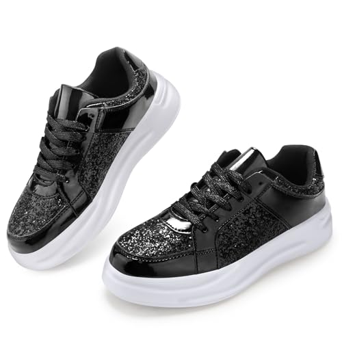 KUNWFNIX Women's Glitter Tennis Sneakers Dressy Sparkly Shiny Sequin Shoes Platform Lace up Casual Walking Bling Glitter Fashion Sneaker
