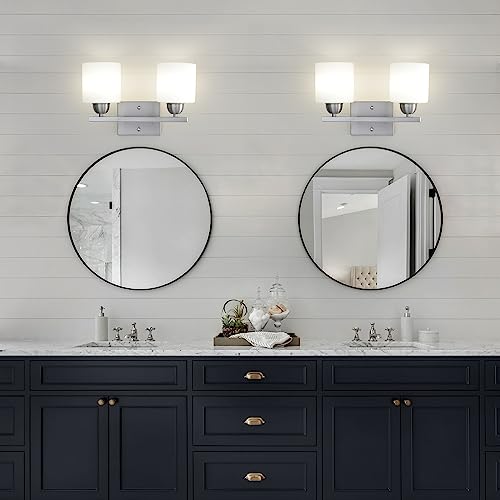 Image of Mecgirn Stainless Steel Milk Glass Vanity Lights for Bathroom, 2 Light Brushed Nickel Bathroom Light Fixtures Over Mirror, Ceramic E26 Sockets Wall Mounted
