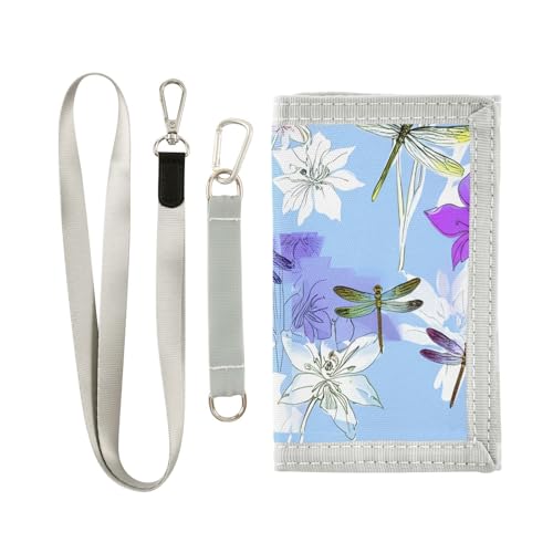 Flowers Dragonflies Blue Kids Wallet for Boys Girls Trifold Sport Outdoor Wallets for Children Youth Teen Wallet with Zippered Coin Pockets Card Holders Front Pocket Wallets with Magic Sticker