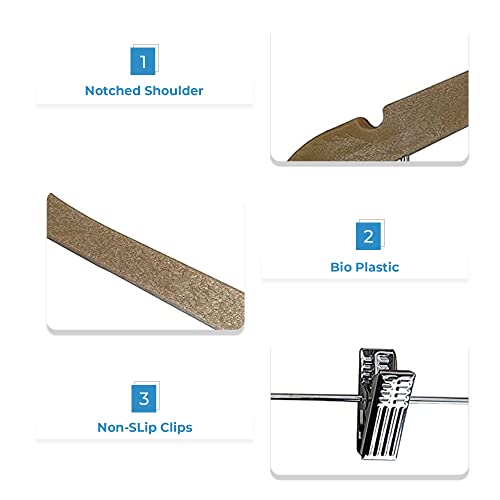 Ustech Bowed Shaped Eco-Friendly Clothes Hangers With Clips | Heavy Duty Wood Finish Hanger For Suits, Pants, And Skirts | Closet Space Saver With Shoulder Notch For Strappy Dresses | Pack Of 10 #TOP2