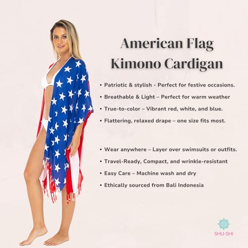 SHU-SHI Kimonos for Women American Flag Patriotic 4th of July Beach Cover up Summer Shawl2