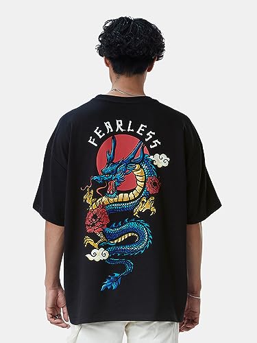 Image of The Souled Store| TSS Originals: Unleash The Dragon Mens and Boys T-Shirts|Half Sleeve|Loose fit Graphic Printed|80% Cotton 20% Polyester Black Color Oversized T-Shirts
