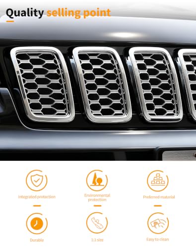 Image of Hoolcar Front Grill Rings Honeycomb Grille Mesh Inserts Cover Trim Kit for 2017-2020 Jeep Grand Cherokee Exterior Accessories, Chrome(7Pcs)