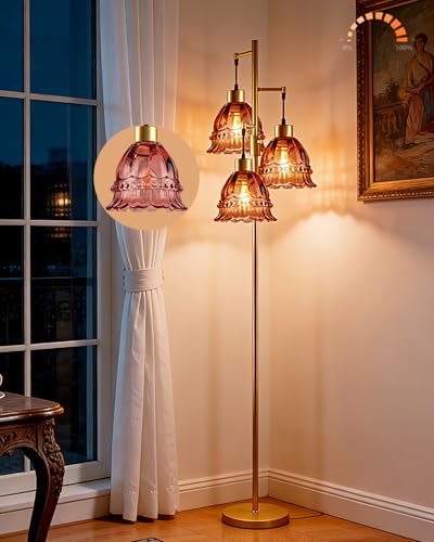 Image of Lightdot 3-Lights Glass Floor Lamp Dimmable Gold Floor Lamp with Deep Red Glass Shade 3000K Bulbs Included Unique Modern Standing Tall Lamp with 5Lbs Heavy Base for Living Room /Bedroom /Sofa Beside