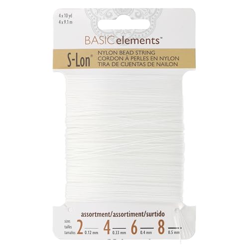 The Beadsmith S-Lon Nylon Beading Thread – 4-Size Assortment Card (0.12 mm, 0.3 mm, 0.4 mm, 0.5 mm), White Color, 10 Yards (9.1 m) Each, Strong & Flexible Stringing Cord