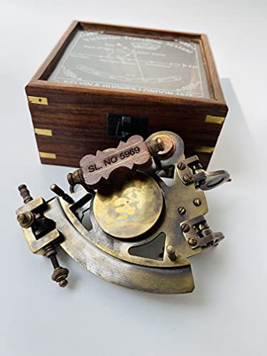Image of Malla Inc. Nautical 5 inch Brass Working Navigational Sextant with Compass in Hardwood Box - Marine Sextant