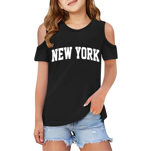 Opiniones de Ropa de Balonmano americano para Niño del mes. 41 Camisetas de manga corta preparadas con hombros descubiertos para niñas, de verano, versátiles, con estampado de letras de Nueva York, cuello redondo, camisetas deportivas de 3 a...