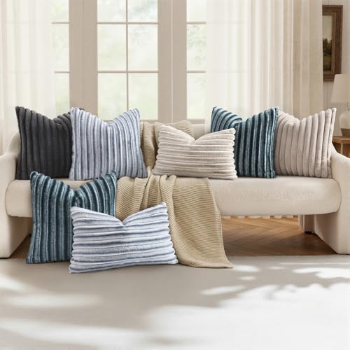 Image of decorUhome Fall Cozy Faux Fur Throw Pillow Covers 16x16 Set of 2 Decorative Soft Plush Striped Modern Farmhouse Boho Couch Pillow Cases with Velvet Back for Sofa Bed Living Room, Dark Grey