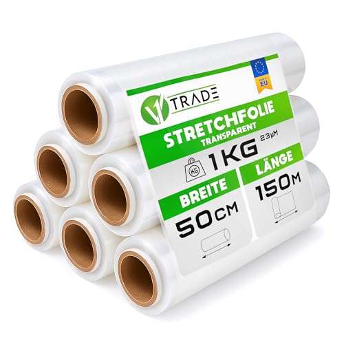 V1 Trade Film Etirable Demenagement - 6 Rouleaux Film Palette Transparent 50cm x 150m - Plastique Protection pour Colis et Meubles