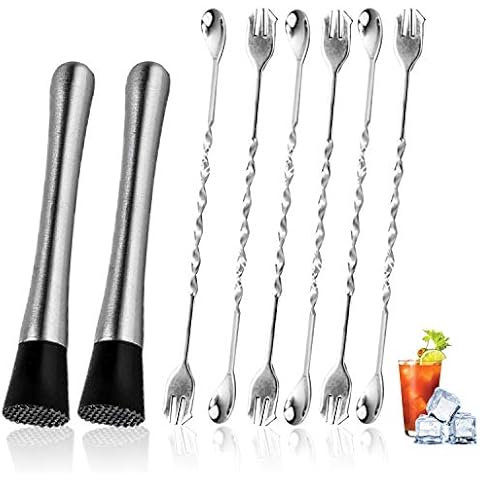 OBSGUMU 8" Stainless Steel Cocktail Muddler and Mixing Spoon Home Bar Tool Set, Make Perfect Mojitos Mint Juleps Drink Juices.(8pack) Cover