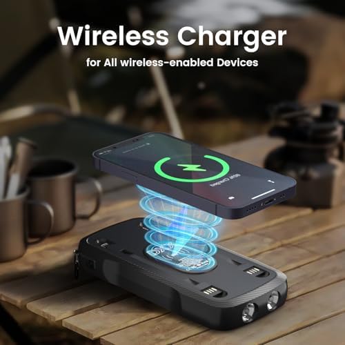 Solar Charger Power Bank 20W Fast Charging, Solar Power Bank IP69 Waterproof, Portable Charger 10,000mAh, Wireless Charger with 2 Flashlights, Portable Phone Charger for All Mobile Devices (Black)