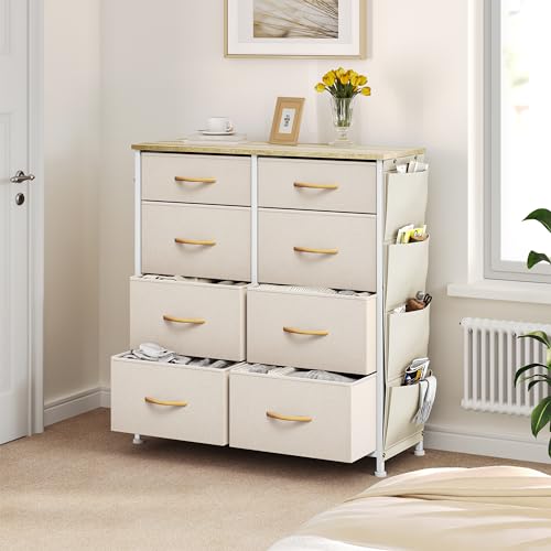 YITAHOME Ladecommode, dressoir met zijzakken en haken, stof 8 laden met handgrepen, metalen frame, houten blad, voor slaapkamer, woonkamer, hal, beige - Afbeelding 3