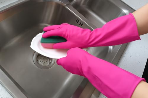 Image of Natural Rubber Household Gloves - Reusable & Waterproof for Cleaning, Dishwashing, Kitchen & Bathroom Use - Comfortable Fit with Non-Slip Grip - Durable & Long-Lasting (Pink, 15 Pair)