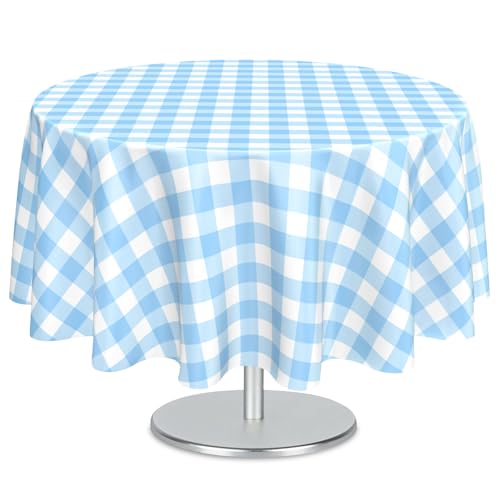 Mulbozy 2 Pcs Light Blue Gingham Round Plastic Tablecloth Disposable