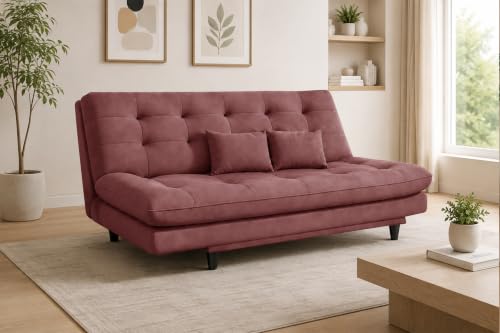 Image of 3-Seater Velvet Sofa Cum Bed | Tufted Convertible Sleeper Sofa | Plush Cushioned Seating | Space-Saving Design for Living Room, Bedroom & Office | Rose Pink