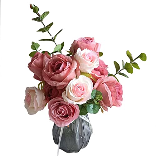 Fusihaihua Fake Rose Artificial Flowers For Home Decor Indoor 3 Sizes 3 Colors 13Pcs Artificial Roses With Stems For Diy Wedding Bouquets Arrangement Centerpiece Table Decorations (Bean Paste Powder) #TOP23