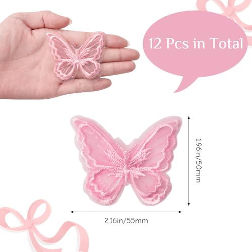 URROMA Pink Lace Butterfly Appliques for Sewing On Double Layers Lace Patches for Wedding Bride Hair Accessories (Pink, 12 pcs) - Image 2