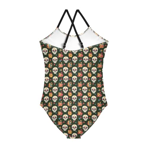 senya Girls Swimsuits One-Piece Swimwear Tie Bathing Suit Beach Summer Round Neck 9-10T Various Skull Flower Pattern2