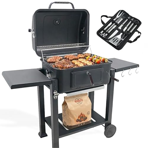 Ravigarden Barbecue Charbon de Bois avec Couvercle | Hauteur de Braise Ajustable | Grille de Cuisson XL 54x43 cm | 2 Tablettes Latérales Rabattables |...
