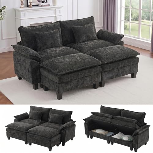 Image of IPKIG 82.3 inch Modular Cloud Couch with Storage, U Shaped Sectional Sofa with Ottoman & Pillow, Chenille Deep Seat Sectional Couches for Living Room, Apartment, Black