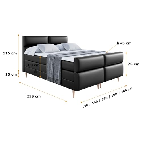 ALTDECOR Boxspringbett mit Holz Füßen, Matratze und Lattenrost, Topper, Fußteil, Polsterbett mit Bettkasten, Bett mit Stauraum H3- und H4- Matratze -BOXI3-FD-Z KING-200x200 - Schwarz Kunstleder – Bild 3