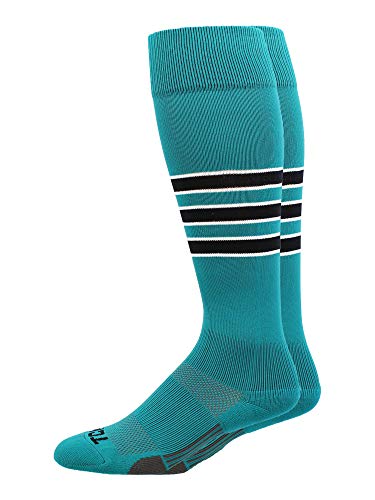 MadSportsStuff Dugout Baseball-Socken, 3 Streifen, über die Wadenlänge (mehrere Farben), Jungen, Blaugrün / Schwarz / Weiß, Medium Cover