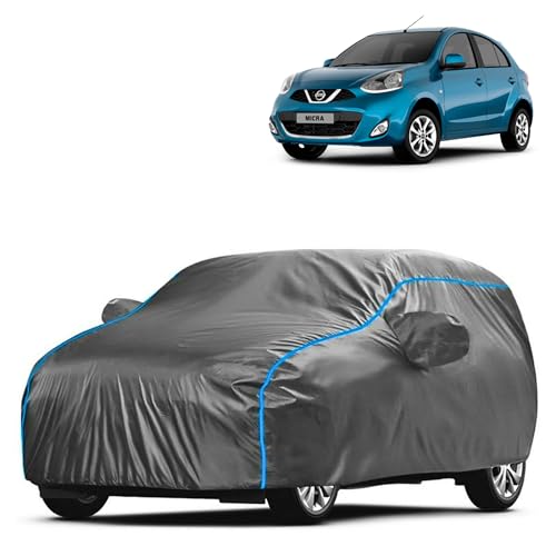 Image of Kerwa Car Body Cover Waterproof Compatible with Nissan Micra | Scratch Proof, Anti-Dust, UV Protection | Windproof Buckle Strap | Fitted Bottom Elastic | Side Mirror Pockets-Grey