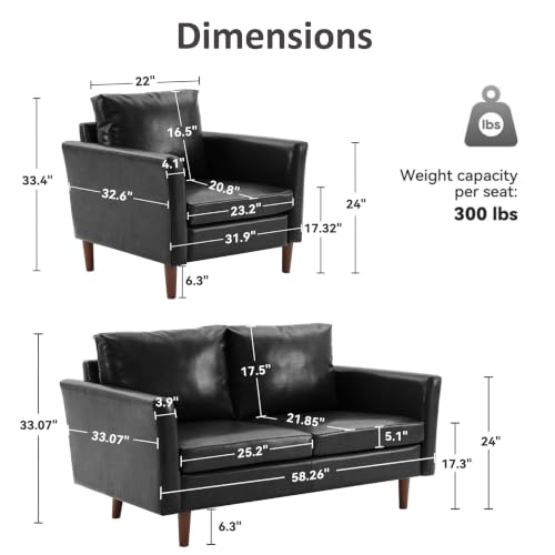 Image of Kingfun 58 inch Faux Leather Loveseat Sofa, Mid Century Modern Leather Couch for Living Room, Small Love Seat for Small Spaces, 2-Seater with Rolled Arms and Deep Seats, Black