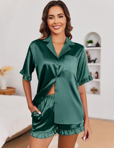 Image of Ekouaer Satin Pajama Set for Women 2 Piece Pj Sets Short Sleeve Sleepwear