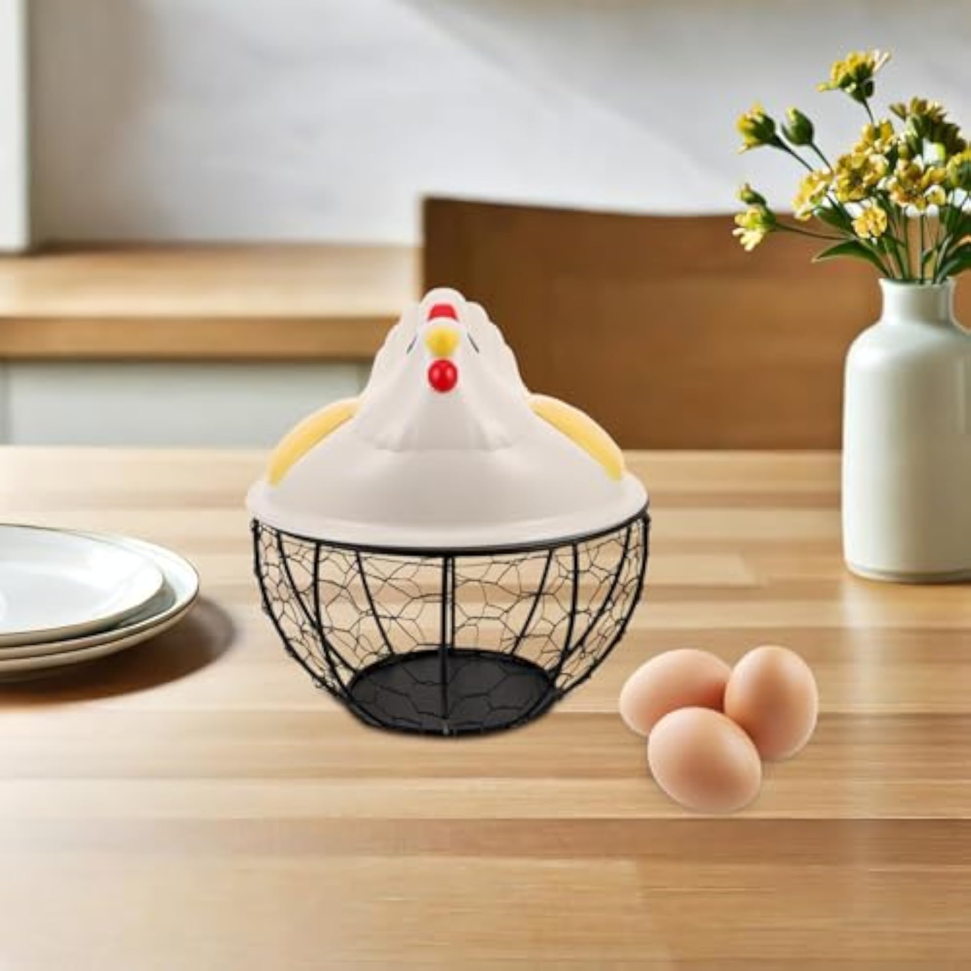 Chicken Shaped Wire Egg Basket Holder, Rustic Kitchen Storage Organizer
